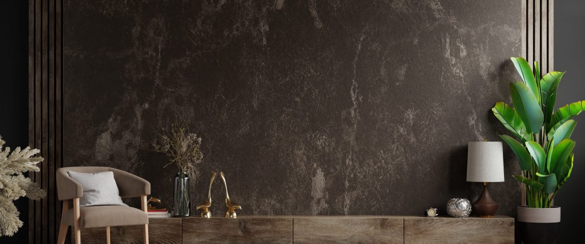 Cabinet TV in modern living room with armchair and plant on dark marble wall background,3d rendering